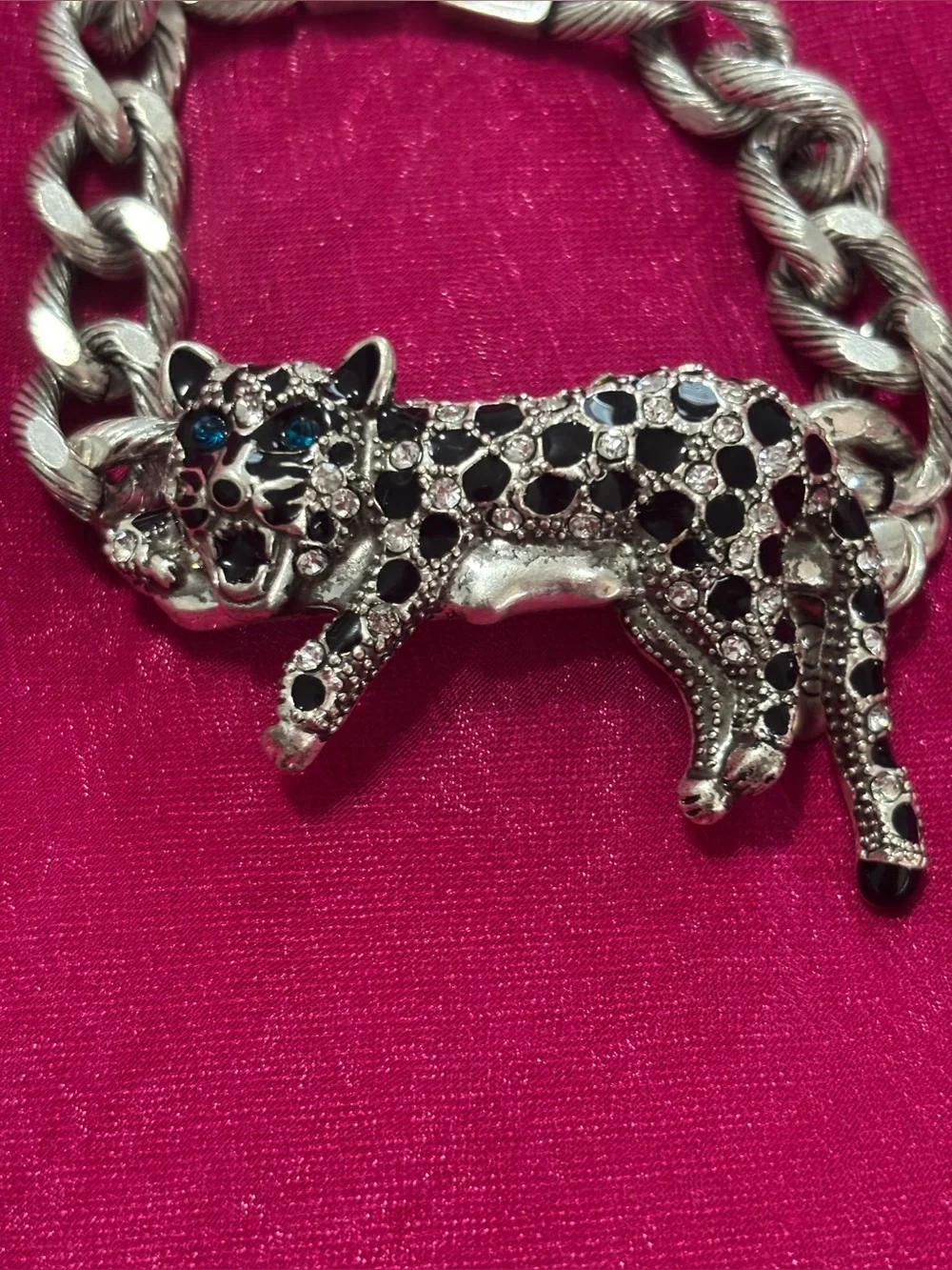 Betsey Johnson Silver tone crystal pave leopard chain bracelet.